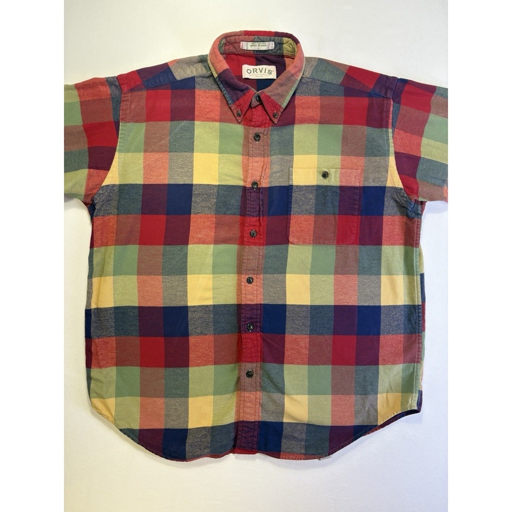 Orvis Men's Cotton Long Sleeve Plaid Button-Up Flannel Size XL RED ORANGE BLUE - Picture 2 of 7
